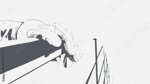 A close-up, monochrome image depicts a gloved hand resting on a metal railing. The image is primarily in grayscale with subtle variations in shading, emphasizing the texture of both the hand and