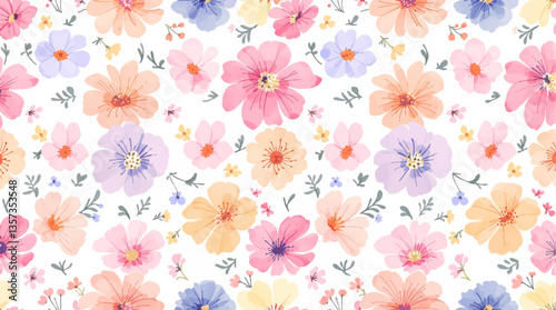 Watercolor pattern colorful flowers white background