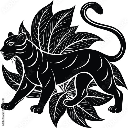 Black tribal vector art features a silhouette design with a black and white cat, tiger, and wolf, embodying wild animal symbolism
