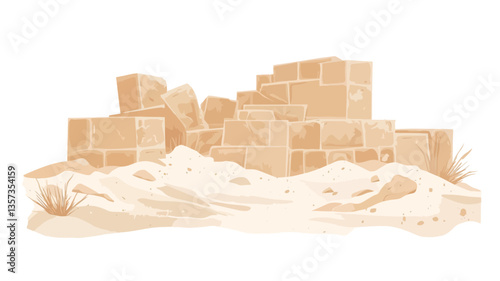 An illustration depicting a miniature structure built of light beige or tan blocks situated on a sandy dune. The blocks are various sizes and appear somewhat haphazardly stacked, resembling a small