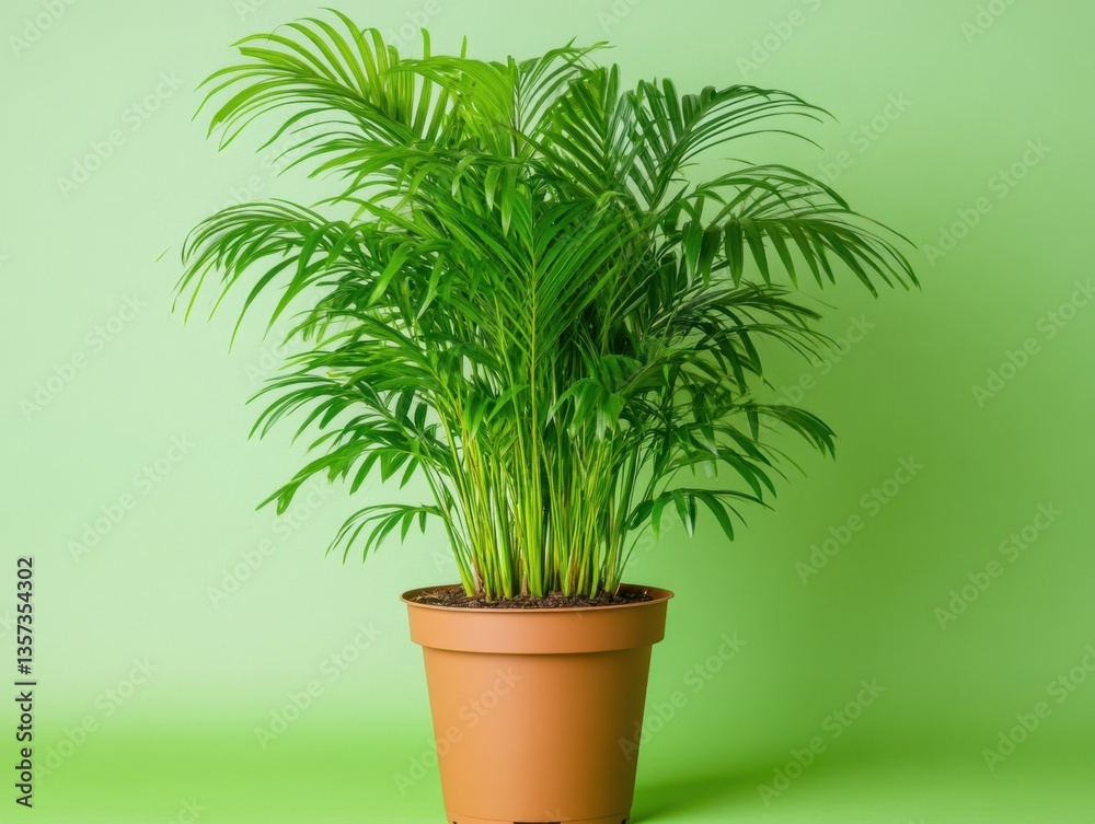 Obraz premium Lush areca palm in a terracotta pot against a vibrant green background creating a refreshing and natural indoor atmosphere with a clean studio aesthetic