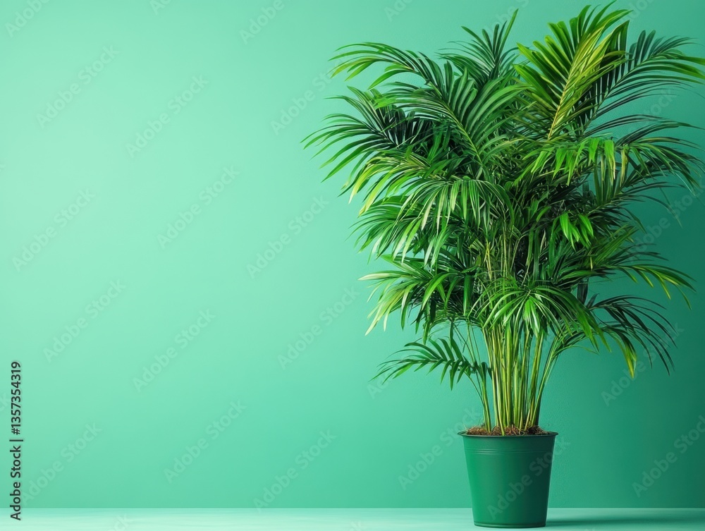 Fototapeta premium Lush areca palm in green pot against a light green wall creating a vibrant and refreshing atmosphere for interior decor and design