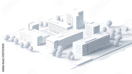 Isometric projection of a simplified city model rendered in monochromatic white.  The image depicts several buildings of varying heights and shapes, arranged on a white surface suggestive of a map
