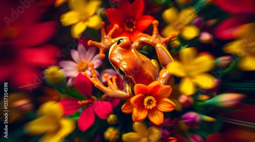 Frog resting on a colorful flower petal