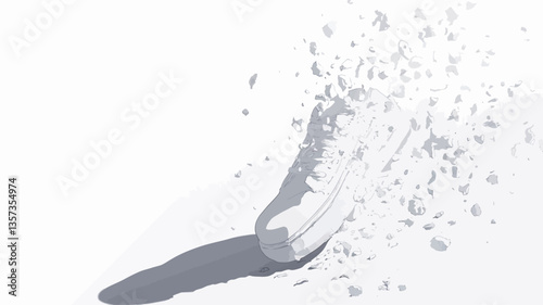 The image presents a minimalist abstract composition in grayscale.  A central, elongated, vaguely cylindrical form appears to be disintegrating or dissolving. Small, irregular fragments are