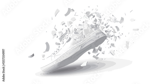 The image showcases a white sneaker in the process of disintegration.  The shoe is depicted in a three-quarter view, with fragments and particles scattered around it, suggesting motion and