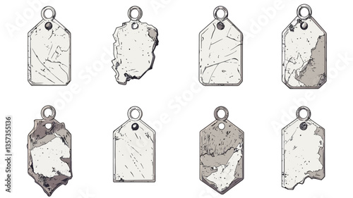 An illustration featuring eight distinct tag templates. Each tag is rectangular with a hole at the top for hanging.  The tags display various levels of distressing and textural effects, ranging