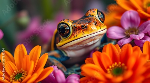 Frog resting on a colorful flower petal