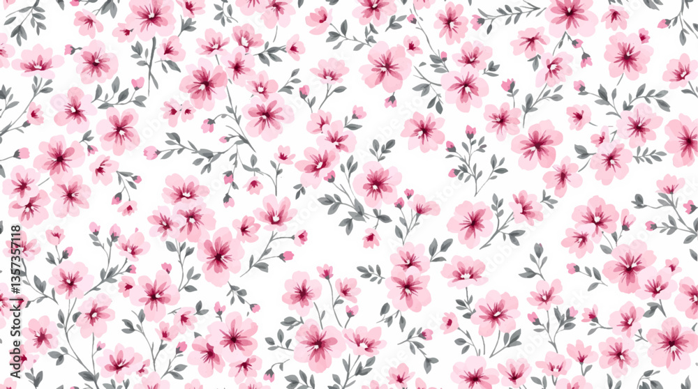 Watercolor seamless pattern pink wild flowers on the white background