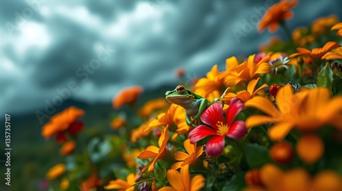 Frog resting on a colorful flower petal