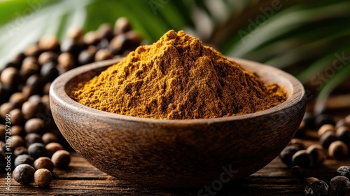 Fototapeta Naklejka Na Ścianę i Meble -  Aromatic spice powder in wooden bowl, surrounded by peppercorns