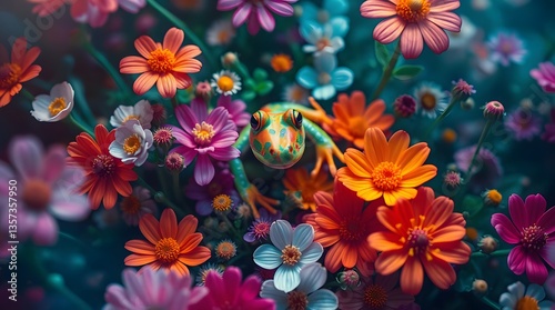 Frog resting on a colorful flower petal