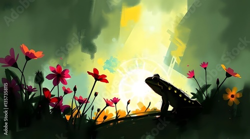 Frog resting on a colorful flower petal