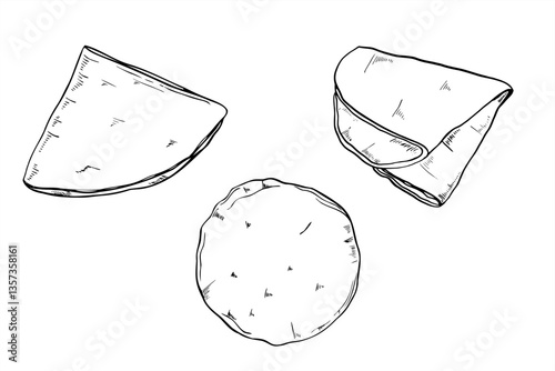 Three empty cornmeal or wheat flour Mexican tortillas in different shape line art ink illustration in black and white. Latin America traditional snack monochrome graphic sketch. For menu design