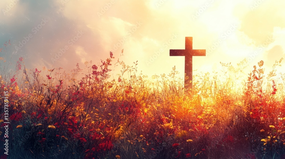Sunrise Cross in Wildflower Meadow Sunrise Cross in Wildflower Meadow