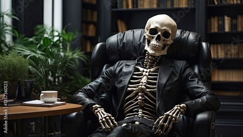 A skeleton dressed in a suit sits in a black leather armchair