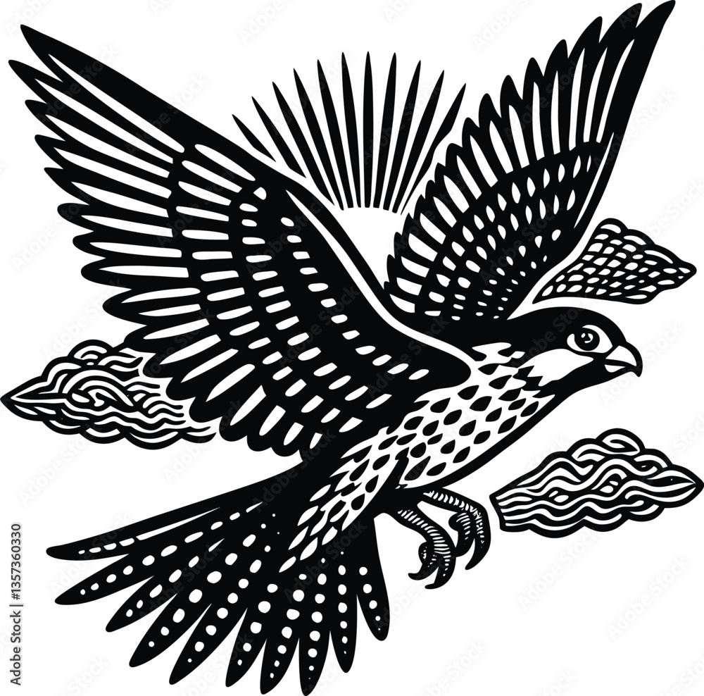 Obraz premium Black and white vector tattoo design features an eagle silhouette with tribal wings, an artistic bird illustration