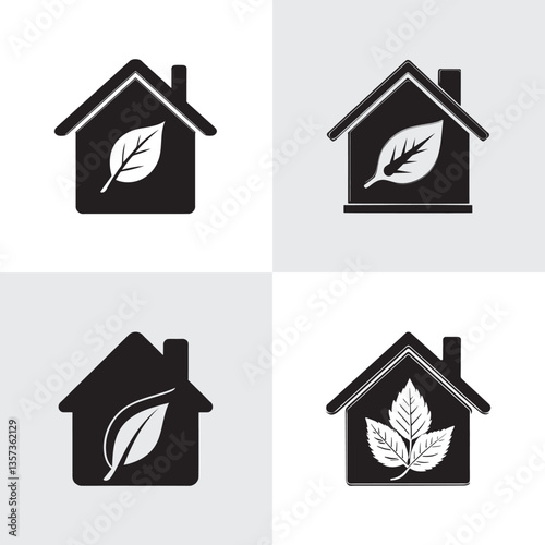 Eco-friendly house with leaves inside The house's simple silhouette features a roof and chimney.