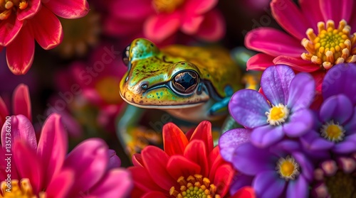 Frog resting on a colorful flower petal