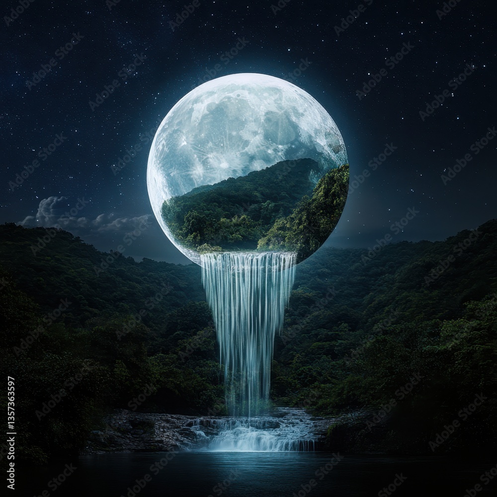 A cosmic jungle with a floating waterfall under a luminous moon, stars drifting like lanterns through the sky ar 16:9 v 6.1 q 2