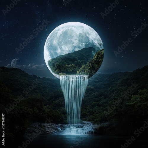 Obraz na płótnie A cosmic jungle with a floating waterfall under a luminous moon, stars drifting like lanterns through the sky ar 16:9 v 6.1 q 2 w salonie