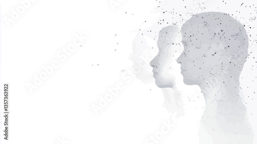 The image depicts two human profiles in profile view, rendered in grayscale.  The profiles are composed of small, light-gray particles, giving a sense of disintegration or fading.  The background