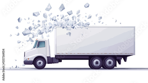 The image shows a white box truck in a side profile view against a white background.  A cloud of abstract, light-blue, geometric shapes, suggestive of data packets or digital information, is