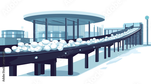 A digital illustration depicts a long, dark-blue conveyor belt system transporting numerous white snowballs. The belt is elevated on supports, curving gently to the right. Above the belt, a
