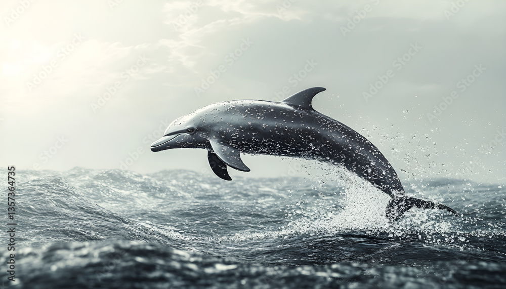 Obraz premium Playful Dolphin Leaping From Water. A black Lagernohynchus ob dolphin leaping energetically out of the ocean, showcasing its agility and grace in mid-air