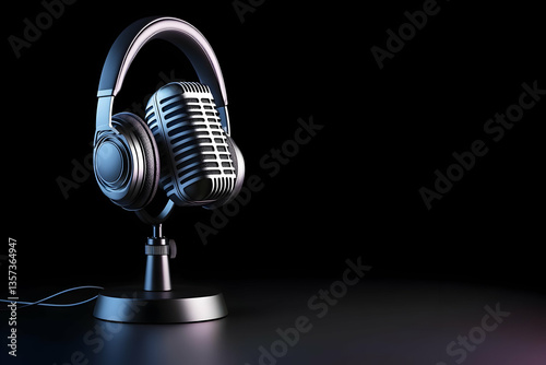A sleek microphone with headphones on a desk, ideal for podcasts, music production, or audio recordings in a modern environment.