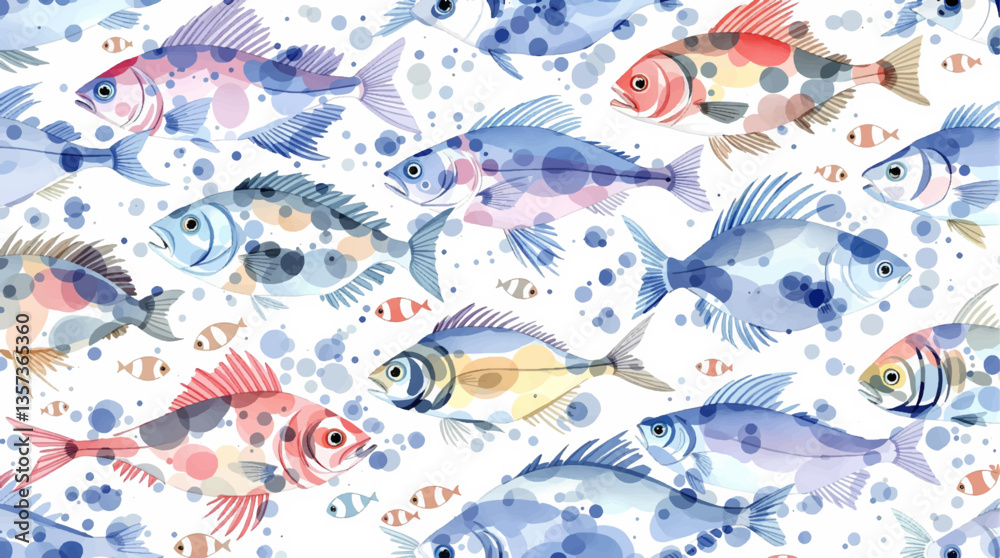 Watercolor pattern colored fish white background
