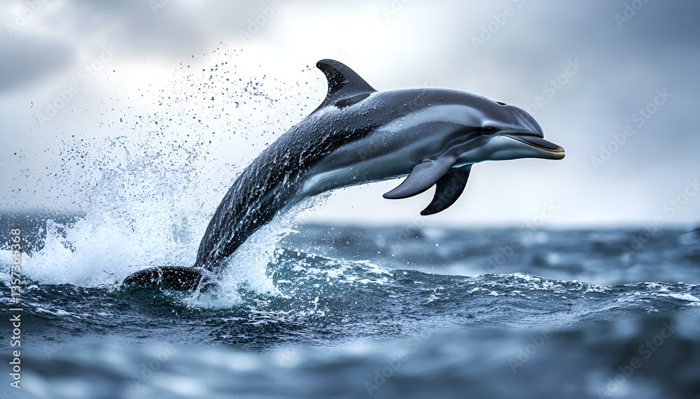 Fototapeta premium Playful Dolphin Leaping From Water. A black Lagernohynchus ob dolphin leaping energetically out of the ocean, showcasing its agility and grace in mid-air