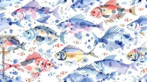 Watercolor pattern colored fish white background