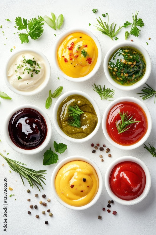 Culinary assortment of vibrant sauces in white bowls on a clean white surface overhead shot with fresh herbs Culinary assortment of vibrant sauces in white bowls on a clean white surface overhead shot with fresh herbs