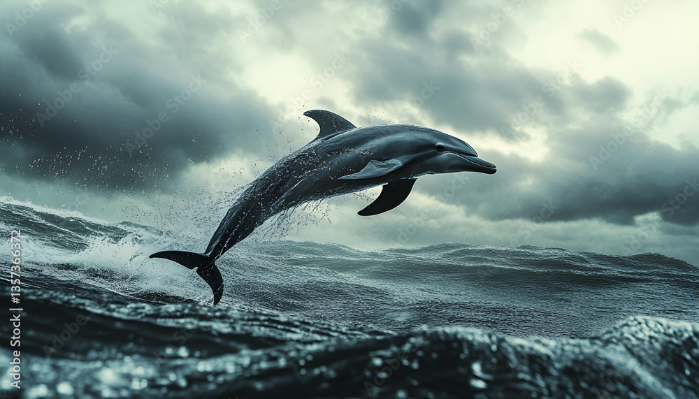 Obraz premium Playful Dolphin Leaping From Water. A black Lagernohynchus ob dolphin leaping energetically out of the ocean, showcasing its agility and grace in mid-air