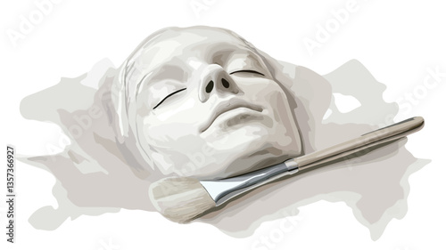 Close-up image of a white plaster facial mask on a white surface, next to a small brush. The mask is shaped like a human face, with closed eyes and a peaceful expression. The overall color palette