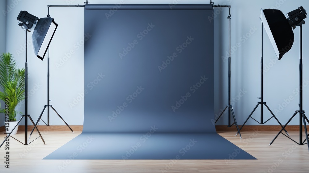 Minimalist photo studio setup with dark gray backdrop, professional studio lights, matching floor cove, all against a light blue wall ambiance Minimalist photo studio setup with dark gray backdrop, professional studio lights, matching floor cove, all against a light blue wall ambiance