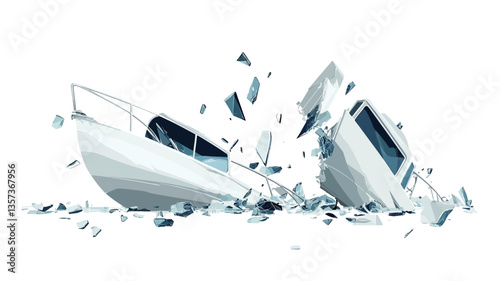 An illustration depicting a white motorboat shattered into numerous fragments against a white background. The boat is broken into many pieces, with sharp edges and scattered debris.  The style is