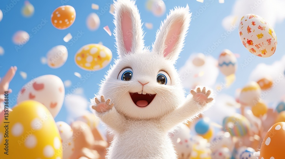 Joyful Easter Bunny Hopping Amidst Vibrant Colorful Eggs Joyful Easter Bunny Hopping Amidst Vibrant Colorful Eggs