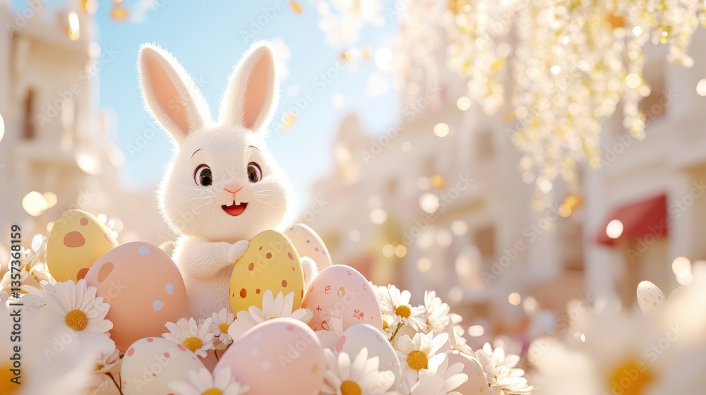 Playful Easter Bunny Amidst Colorful Spring Blossoms and Eggs Playful Easter Bunny Amidst Colorful Spring Blossoms and Eggs