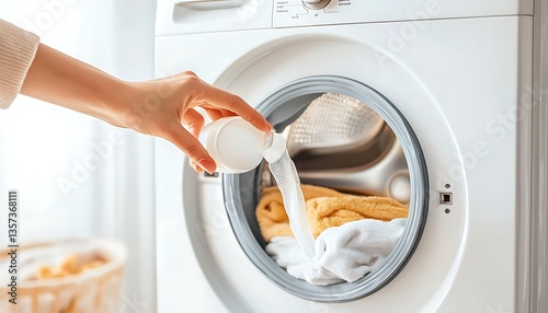 Woman adding detergent to washing machine.