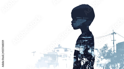 The image is a monochrome photograph featuring the profile silhouette of a young boy.  The silhouette is overlaid with a desaturated image of an urban landscape, creating a double exposure effect.