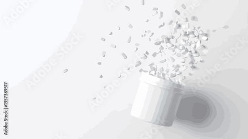 High-angle, close-up studio shot of a white cylindrical object against a plain white background.  Small, light-grey fragments appear to be exploding or scattering from the cylinder's opening. The