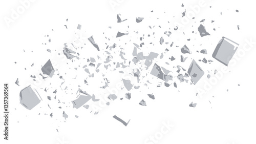 The image depicts numerous small, irregularly shaped, grey and white fragments scattered against a pure white background. The fragments appear to be pieces of a larger object that has been