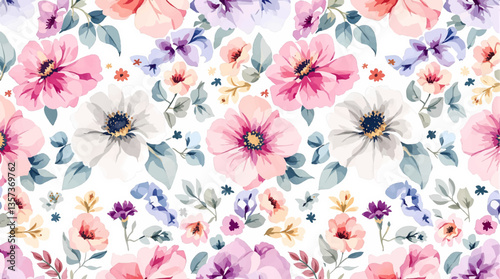 Watercolor seamless pattern color wild flowers on the white background