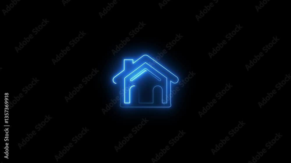 Neon line home icon. House icon glowing neon light on black background. Neon line home icon. House icon glowing neon light on black background.