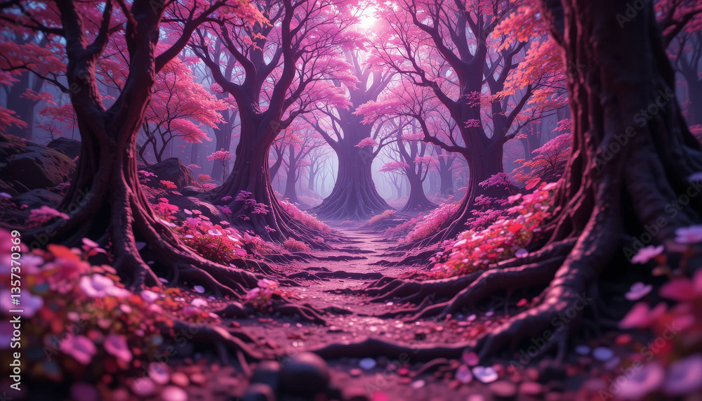 serene forest path lined with vibrant pink trees creates magical atmosphere. soft light filters through branches, illuminating ground covered delicate flowers, evoking sense of tranquility serene forest path lined with vibrant pink trees creates magical atmosphere. soft light filters through branches, illuminating ground covered delicate flowers, evoking sense of tranquility