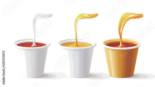 A digital illustration shows three white disposable cups against a white background. Each cup contains a different colored liquid.  The liquids are being poured into the cups from above in an