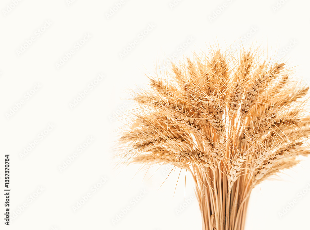Fototapeta premium Golden wheat ear arrangement used for decoration in a rustic setting with warm light