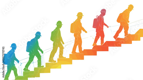 The image is a vector illustration depicting a series of colorful silhouettes of people ascending a staircase.  The staircase is rendered in a vibrant rainbow gradient.  The figures are simplified,
